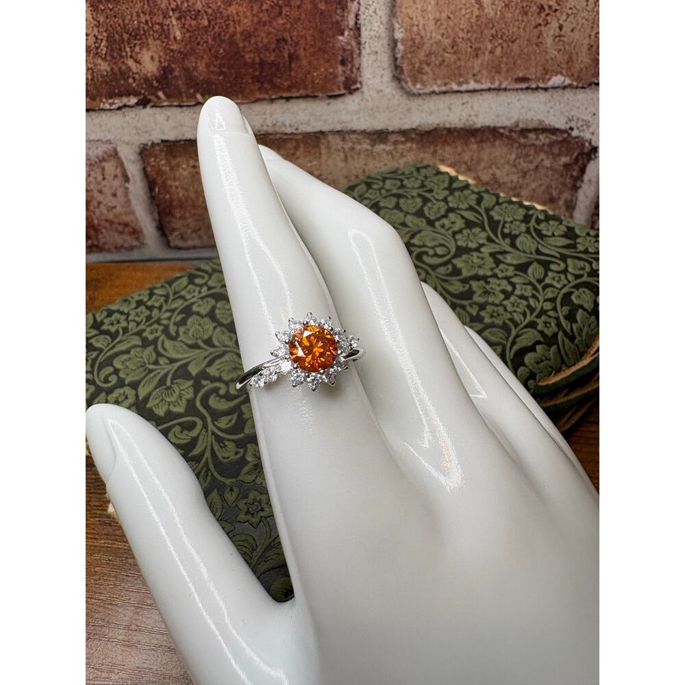 1 Carat Orange Moissanite Halo Ring 925 Sterling Silver Size 8
